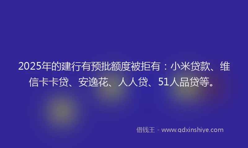 2025年的建行有预批额度被拒有：小米贷款、维信卡卡贷、安逸花、人人贷、51人品贷等。