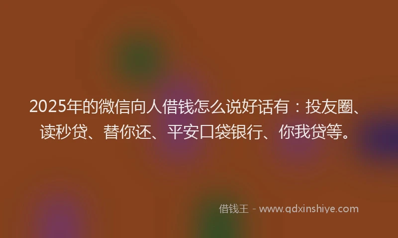 2025年的微信向人借钱怎么说好话有：投友圈、读秒贷、替你还、平安口袋银行、你我贷等。