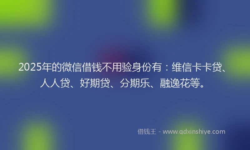 2025年的微信借钱不用验身份有：维信卡卡贷、人人贷、好期贷、分期乐、融逸花等。