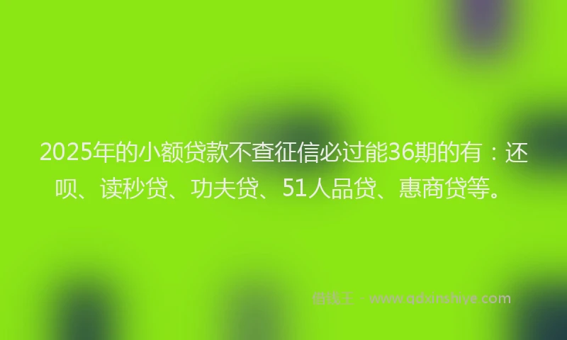 2025年的小额贷款不查征信必过能36期的有：还呗、读秒贷、功夫贷、51人品贷、惠商贷等。