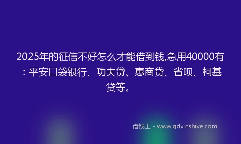 2025年的征信不好怎么才能借到钱,急用40000有：平安口袋银行、功夫贷、惠商贷、省呗、柯基贷等。