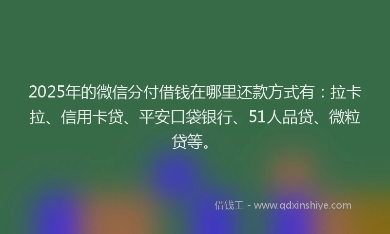 2025年的微信分付借钱在哪里还款方式有：拉卡拉、信用卡贷、平安口袋银行、51人品贷、微粒贷等。