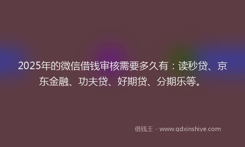 2025年的微信借钱审核需要多久有：读秒贷、京东金融、功夫贷、好期贷、分期乐等。