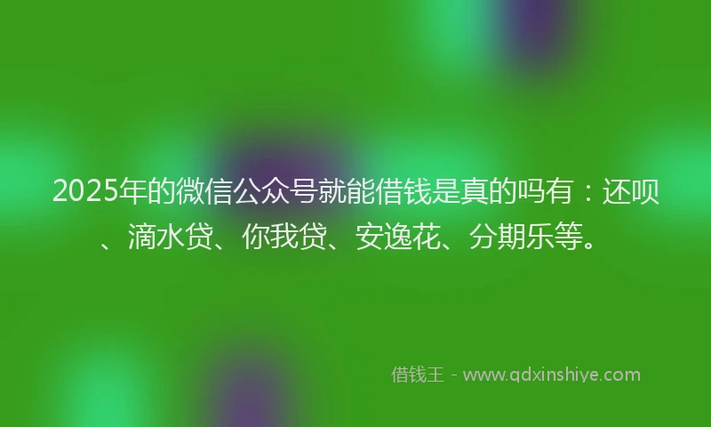 2025年的微信公众号就能借钱是真的吗有：还呗、滴水贷、你我贷、安逸花、分期乐等。