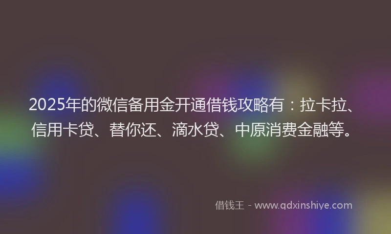 2025年的微信备用金开通借钱攻略有：拉卡拉、信用卡贷、替你还、滴水贷、中原消费金融等。