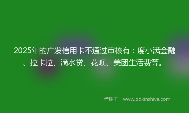 2025年的广发信用卡不通过审核有：度小满金融、拉卡拉、滴水贷、花呗、美团生活费等。