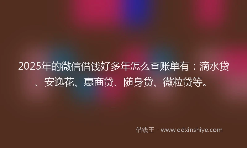 2025年的微信借钱好多年怎么查账单有：滴水贷、安逸花、惠商贷、随身贷、微粒贷等。