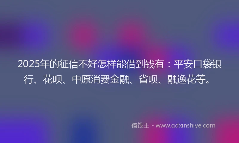2025年的征信不好怎样能借到钱有：平安口袋银行、花呗、中原消费金融、省呗、融逸花等。