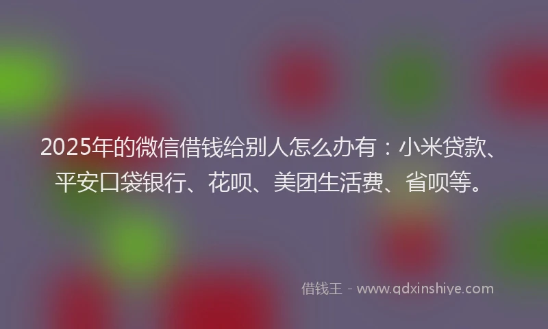2025年的微信借钱给别人怎么办有：小米贷款、平安口袋银行、花呗、美团生活费、省呗等。