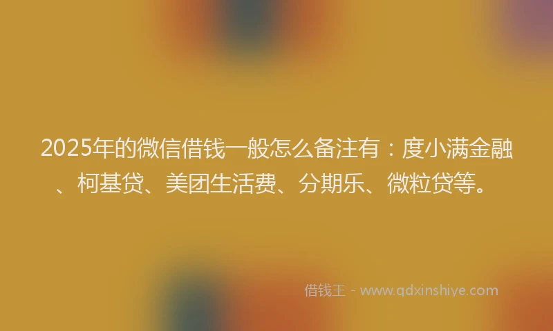 2025年的微信借钱一般怎么备注有：度小满金融、柯基贷、美团生活费、分期乐、微粒贷等。