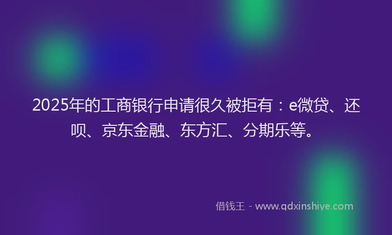 2025年的工商银行申请很久被拒有：e微贷、还呗、京东金融、东方汇、分期乐等。