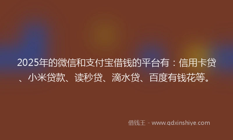 2025年的微信和支付宝借钱的平台有：信用卡贷、小米贷款、读秒贷、滴水贷、百度有钱花等。
