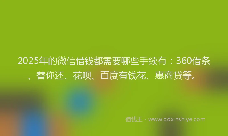 2025年的微信借钱都需要哪些手续有：360借条、替你还、花呗、百度有钱花、惠商贷等。