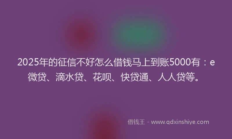 2025年的征信不好怎么借钱马上到账5000有：e微贷、滴水贷、花呗、快贷通、人人贷等。