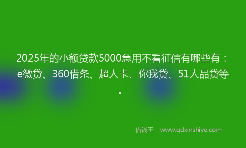 2025年的小额贷款5000急用不看征信有哪些有：e微贷、360借条、超人卡、你我贷、51人品贷等。