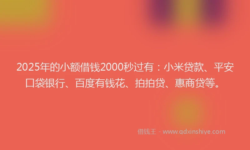 2025年的小额借钱2000秒过有：小米贷款、平安口袋银行、百度有钱花、拍拍贷、惠商贷等。
