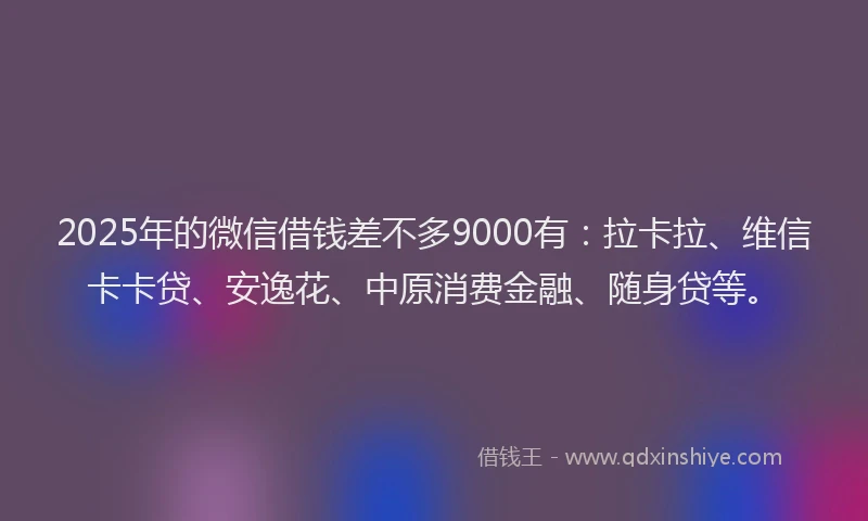 2025年的微信借钱差不多9000有：拉卡拉、维信卡卡贷、安逸花、中原消费金融、随身贷等。