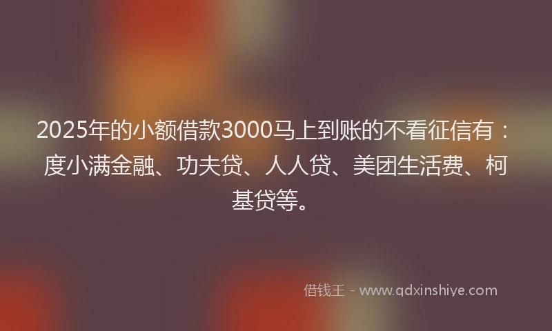 2025年的小额借款3000马上到账的不看征信有：度小满金融、功夫贷、人人贷、美团生活费、柯基贷等。