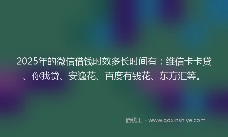 2025年的微信借钱时效多长时间有：维信卡卡贷、你我贷、安逸花、百度有钱花、东方汇等。