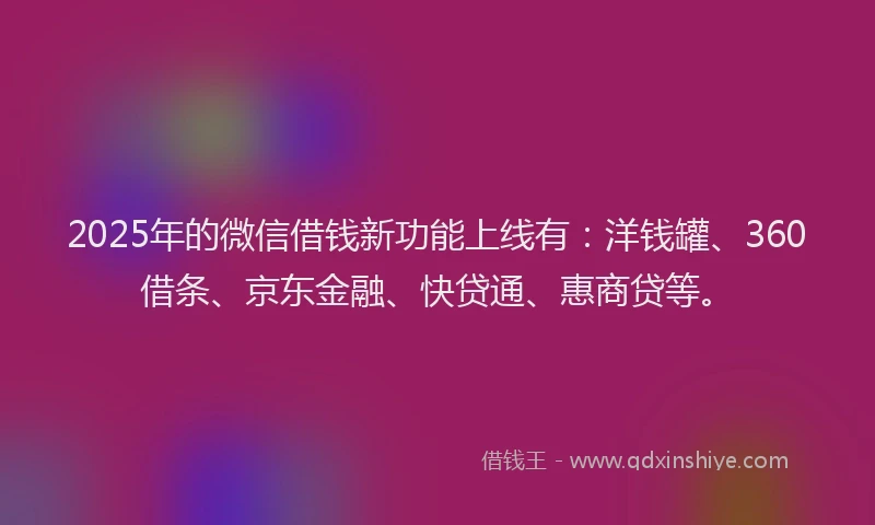 2025年的微信借钱新功能上线有：洋钱罐、360借条、京东金融、快贷通、惠商贷等。