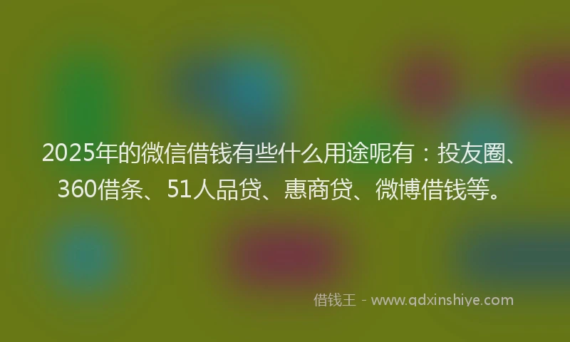 2025年的微信借钱有些什么用途呢有：投友圈、360借条、51人品贷、惠商贷、微博借钱等。