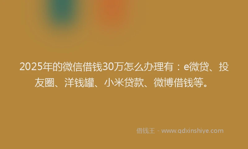 2025年的微信借钱30万怎么办理有：e微贷、投友圈、洋钱罐、小米贷款、微博借钱等。