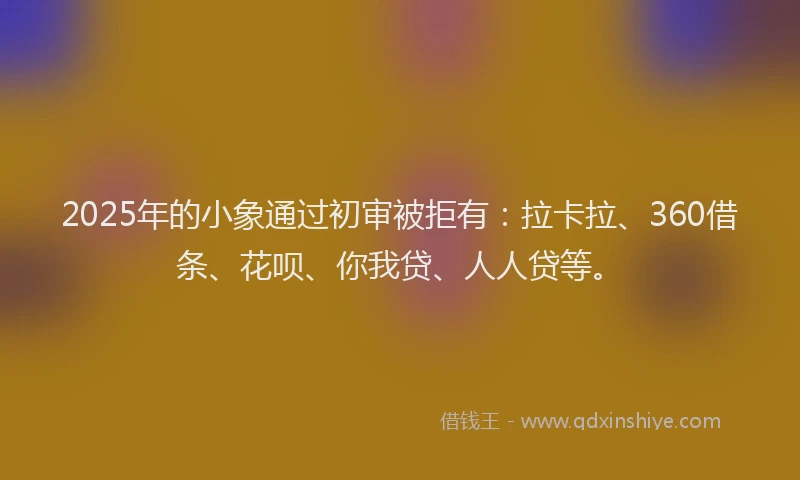 2025年的小象通过初审被拒有：拉卡拉、360借条、花呗、你我贷、人人贷等。