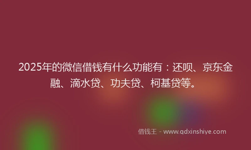 2025年的微信借钱有什么功能有：还呗、京东金融、滴水贷、功夫贷、柯基贷等。