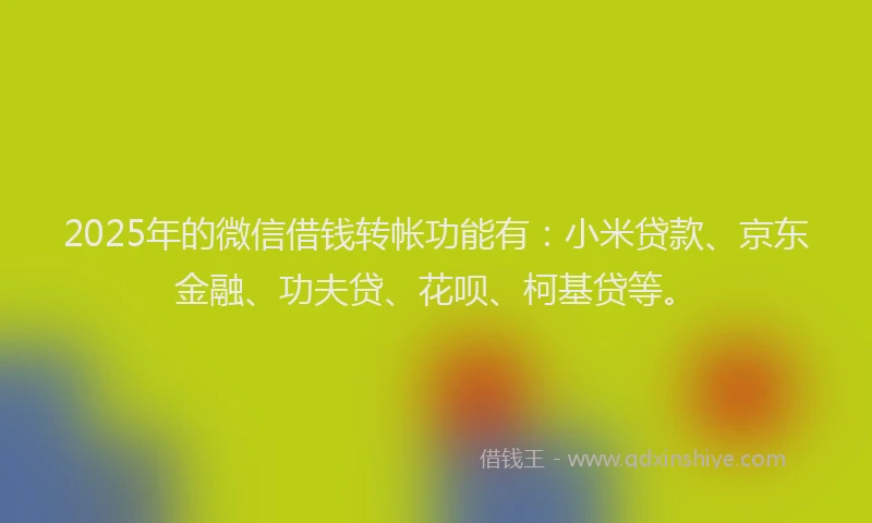 2025年的微信借钱转帐功能有：小米贷款、京东金融、功夫贷、花呗、柯基贷等。
