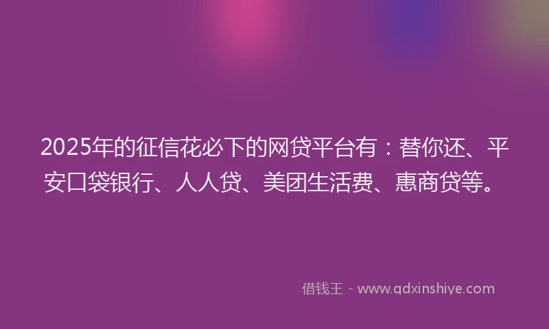 2025年的征信花必下的网贷平台有：替你还、平安口袋银行、人人贷、美团生活费、惠商贷等。