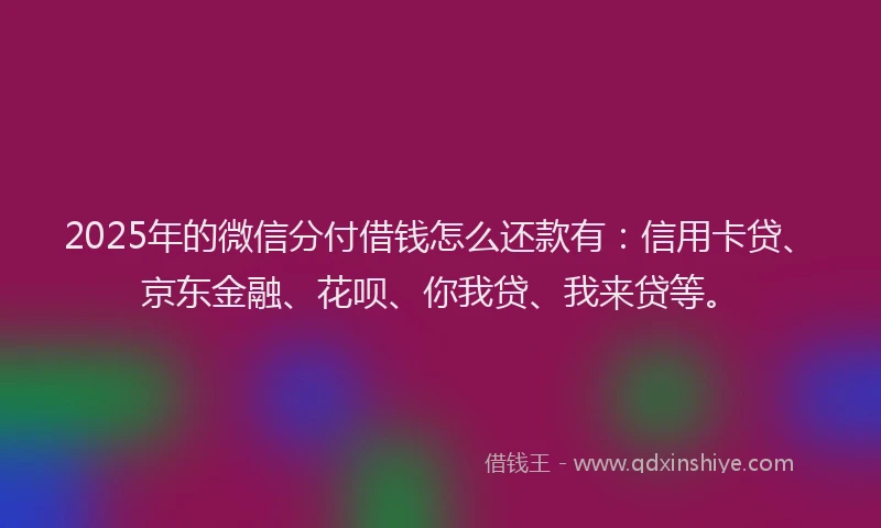 2025年的微信分付借钱怎么还款有：信用卡贷、京东金融、花呗、你我贷、我来贷等。