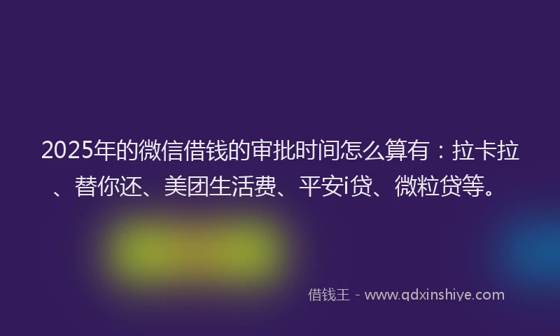 2025年的微信借钱的审批时间怎么算有：拉卡拉、替你还、美团生活费、平安i贷、微粒贷等。