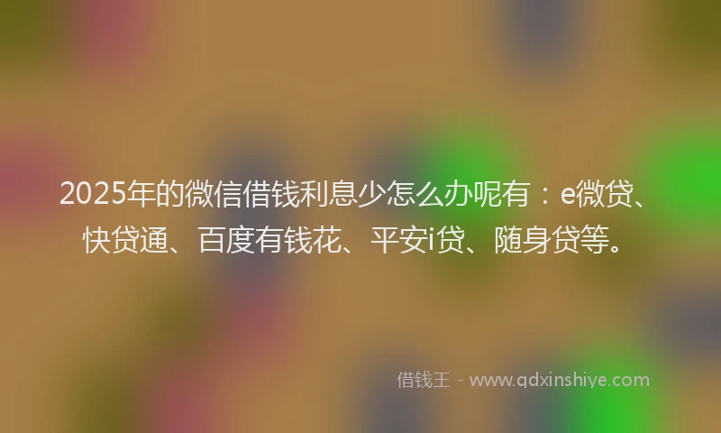 2025年的微信借钱利息少怎么办呢有：e微贷、快贷通、百度有钱花、平安i贷、随身贷等。