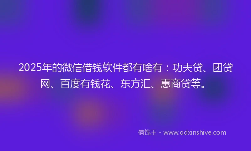 2025年的微信借钱软件都有啥有：功夫贷、团贷网、百度有钱花、东方汇、惠商贷等。