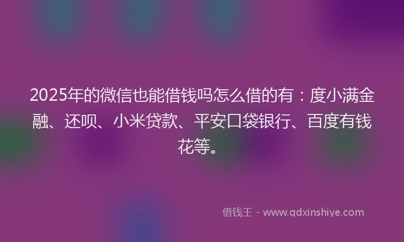 2025年的微信也能借钱吗怎么借的有：度小满金融、还呗、小米贷款、平安口袋银行、百度有钱花等。
