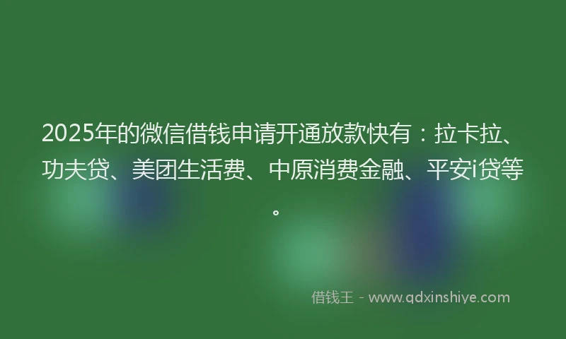 2025年的微信借钱申请开通放款快有：拉卡拉、功夫贷、美团生活费、中原消费金融、平安i贷等。