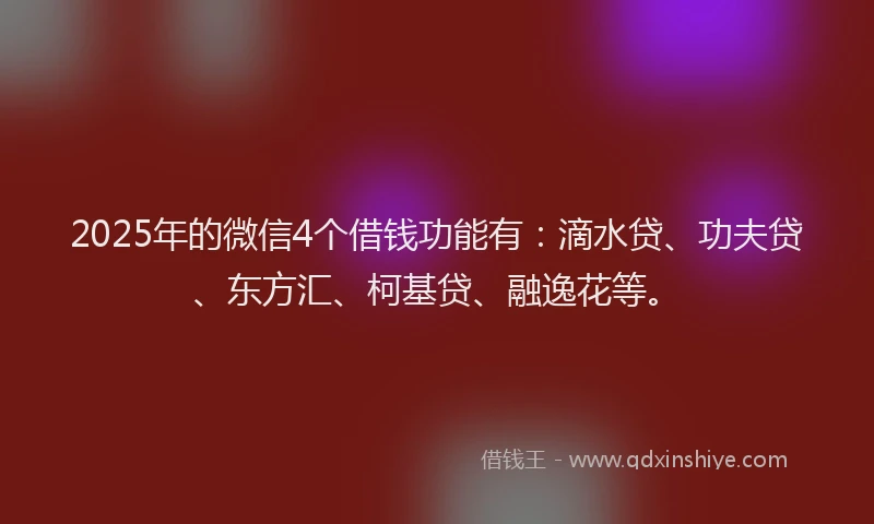 2025年的微信4个借钱功能有：滴水贷、功夫贷、东方汇、柯基贷、融逸花等。
