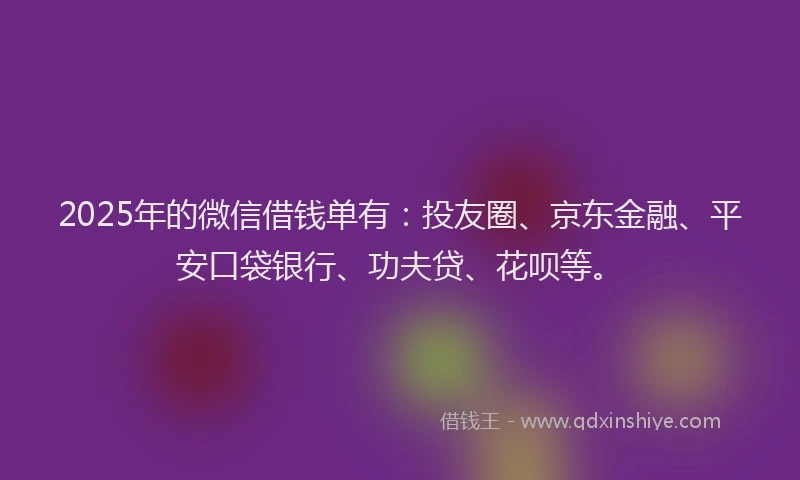 2025年的微信借钱单有：投友圈、京东金融、平安口袋银行、功夫贷、花呗等。