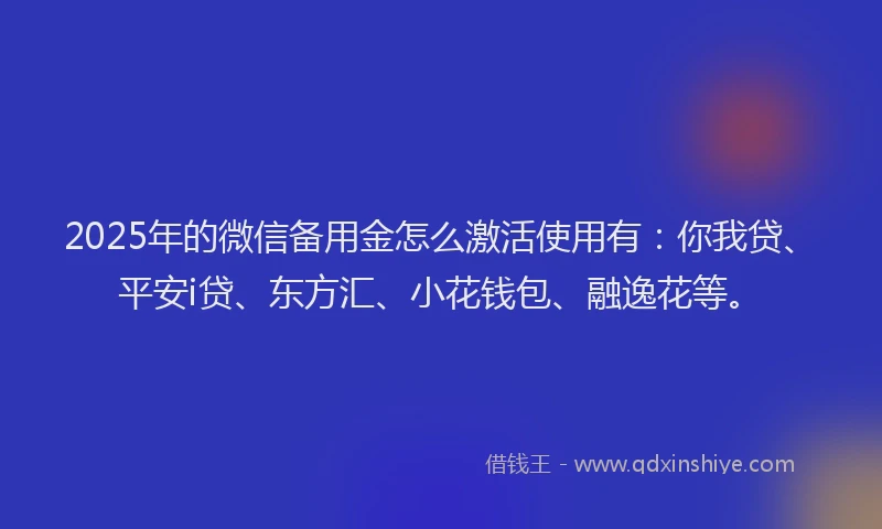 2025年的微信备用金怎么激活使用有：你我贷、平安i贷、东方汇、小花钱包、融逸花等。