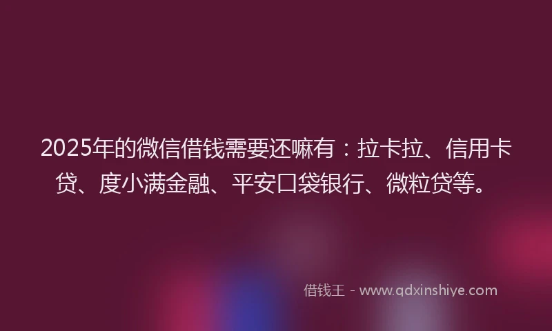 2025年的微信借钱需要还嘛有：拉卡拉、信用卡贷、度小满金融、平安口袋银行、微粒贷等。