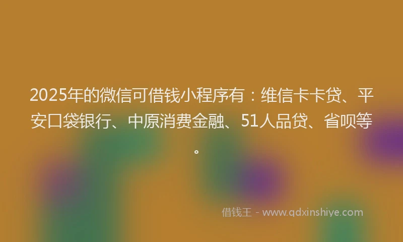 2025年的微信可借钱小程序有：维信卡卡贷、平安口袋银行、中原消费金融、51人品贷、省呗等。