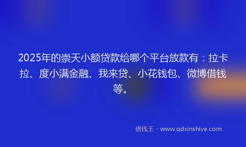 2025年的崇天小额贷款给哪个平台放款有：拉卡拉、度小满金融、我来贷、小花钱包、微博借钱等。