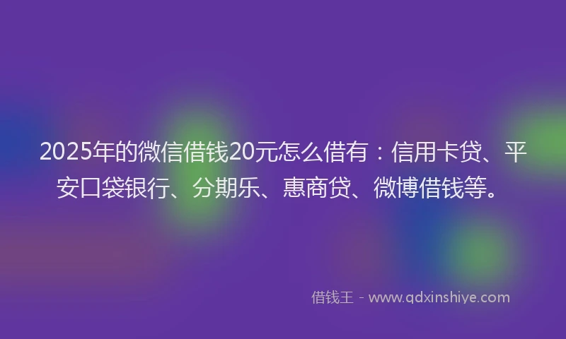 2025年的微信借钱20元怎么借有：信用卡贷、平安口袋银行、分期乐、惠商贷、微博借钱等。