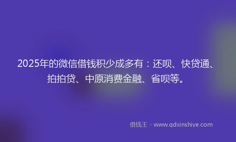 2025年的微信借钱积少成多有：还呗、快贷通、拍拍贷、中原消费金融、省呗等。