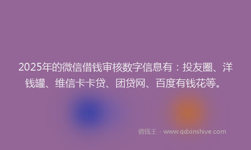 2025年的微信借钱审核数字信息有：投友圈、洋钱罐、维信卡卡贷、团贷网、百度有钱花等。