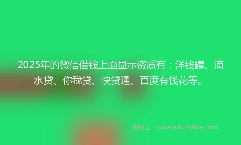 2025年的微信借钱上面显示资质有：洋钱罐、滴水贷、你我贷、快贷通、百度有钱花等。