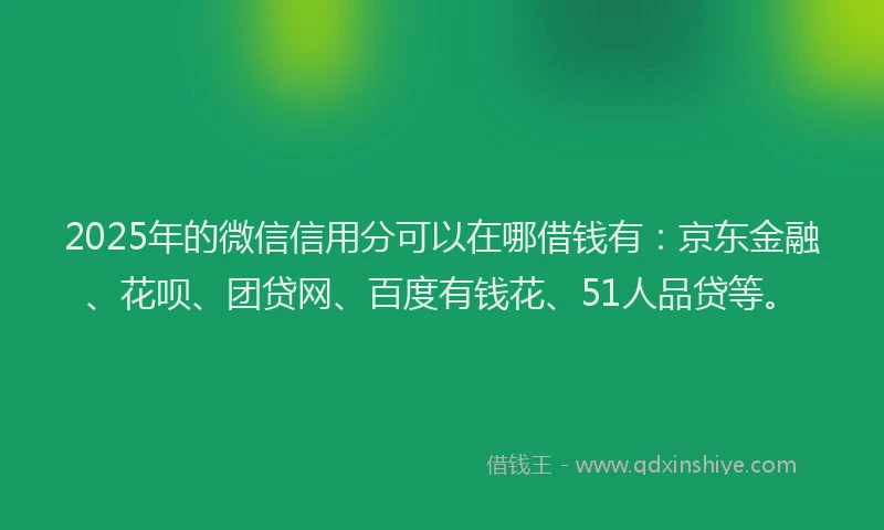 2025年的微信信用分可以在哪借钱有：京东金融、花呗、团贷网、百度有钱花、51人品贷等。
