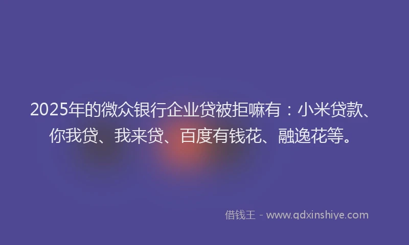 2025年的微众银行企业贷被拒嘛有：小米贷款、你我贷、我来贷、百度有钱花、融逸花等。