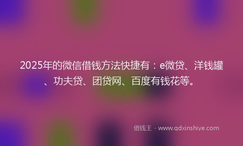 2025年的微信借钱方法快捷有：e微贷、洋钱罐、功夫贷、团贷网、百度有钱花等。