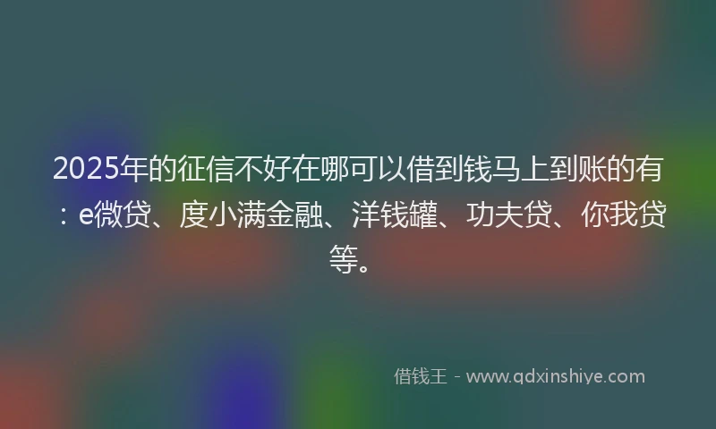 2025年的征信不好在哪可以借到钱马上到账的有：e微贷、度小满金融、洋钱罐、功夫贷、你我贷等。